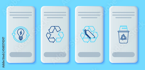 Set line Recycle symbol, Recycling plastic bottle, and light bulb with lightning and bin recycle can icon. Vector