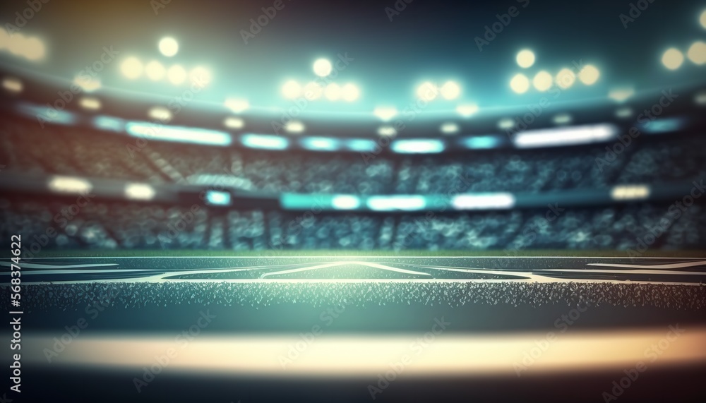 Nighttime sports backdrop Stadium for football and cricket with a blurred 3D lighting background. Generative Ai. Nighttime sports backdrop Stadium for football and cricket with a blurred 3D lighting background. Generative Ai.