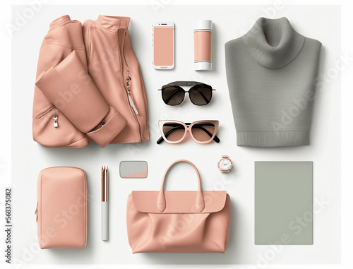 Woman clothes and accessories set on white plain background Generative AI