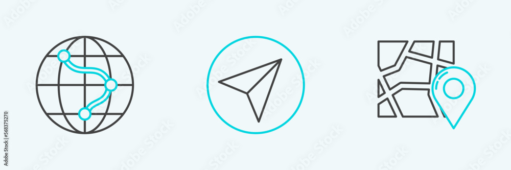 Set line Folded map with location marker, Monitor and folded and Paper airplane icon. Vector