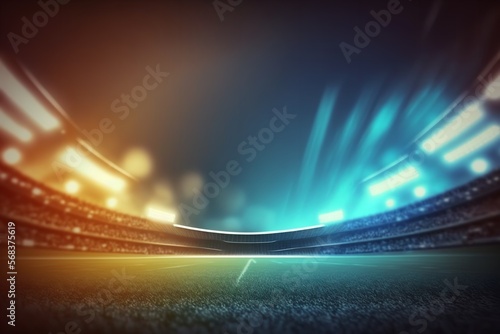 Nighttime sports backdrop Stadium for football and cricket with a blurred 3D lighting background. Generative Ai. © MinixT