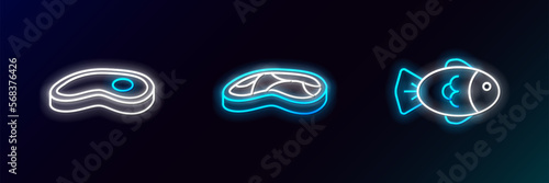 Set line Fish, Steak meat and icon. Glowing neon. Vector