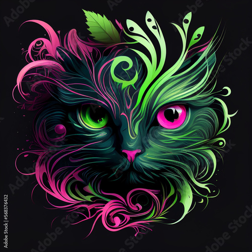 abstract cat with flowers on black background.