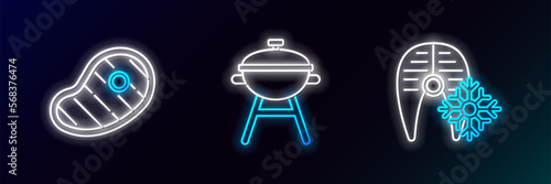 Set line Fresh frozen fish steak, Steak meat and Barbecue grill icon. Glowing neon. Vector