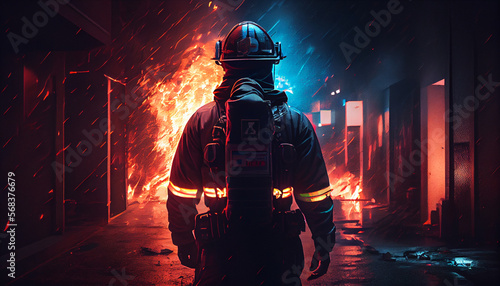 Fireman in action in a burning building, generative AI