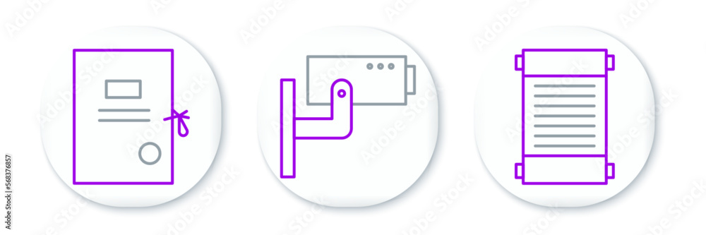 Set line Decree, paper, parchment, scroll, Lawsuit and Security camera icon. Vector Set line Decree, paper, parchment, scroll, Lawsuit and Security camera icon. Vector