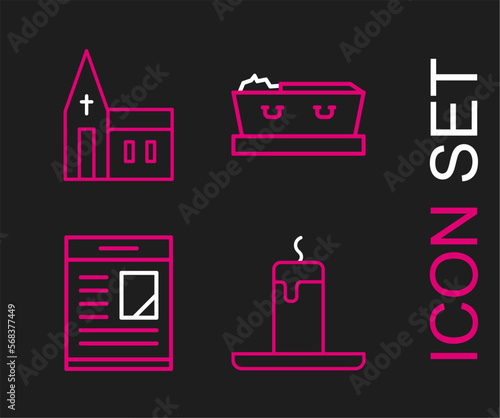 Set line Burning candle, Obituaries, Coffin with dead and Church building icon. Vector