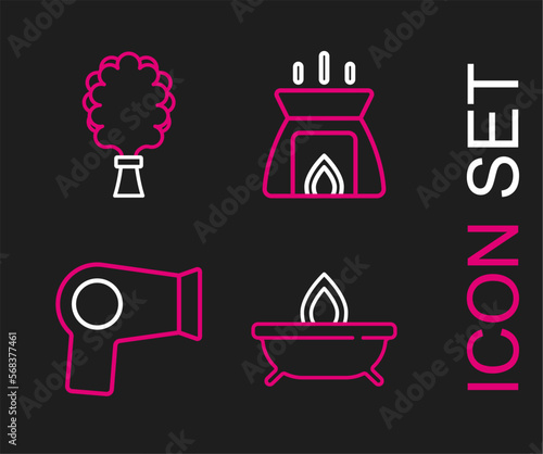 Set line Aroma candle, Hair dryer, and Sauna broom icon. Vector
