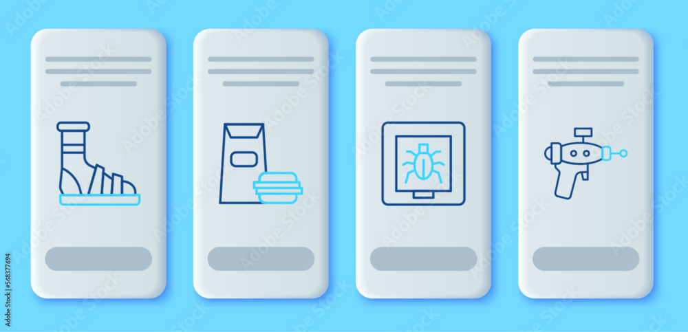 Set line Burger, Insects in a frame, Slippers with socks and Ray gun icon. Vector Set line Burger, Insects in a frame, Slippers with socks and Ray gun icon. Vector