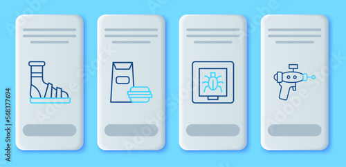 Set line Burger, Insects in a frame, Slippers with socks and Ray gun icon. Vector