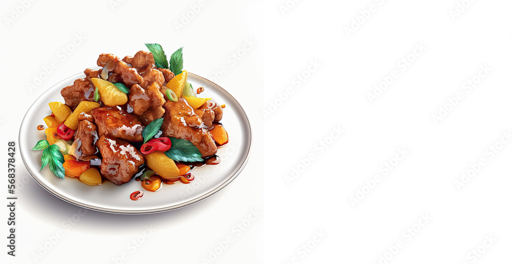 Plate of Sweet and Sour Pork on a White Background with Space for Copy (Created with Generative AI) Plate of Sweet and Sour Pork on a White Background with Space for Copy (Created with Generative AI)