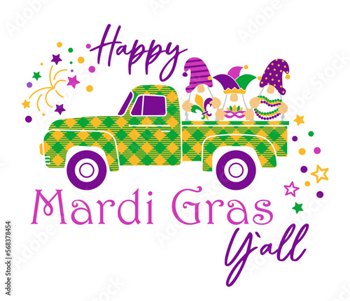 Mardi Gras Gnomes with farm truck, fleur de lis and beads