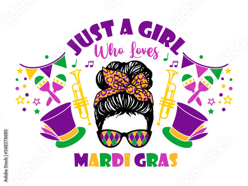 Mardi Gras design with messy bun. Just a girl who loves Mardi Gras