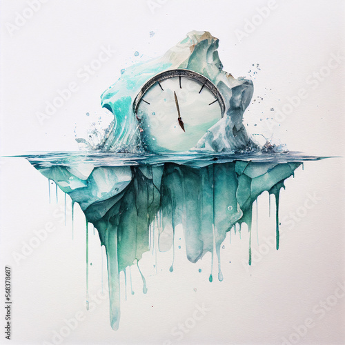 Watercolour clock in melting blue green iceberg time is running out for the climate concept generative ai