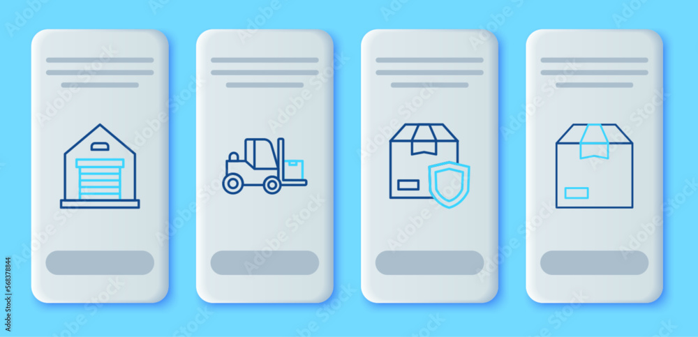 Set line Forklift truck, Delivery security with shield, Warehouse and Carton cardboard box icon. Vector