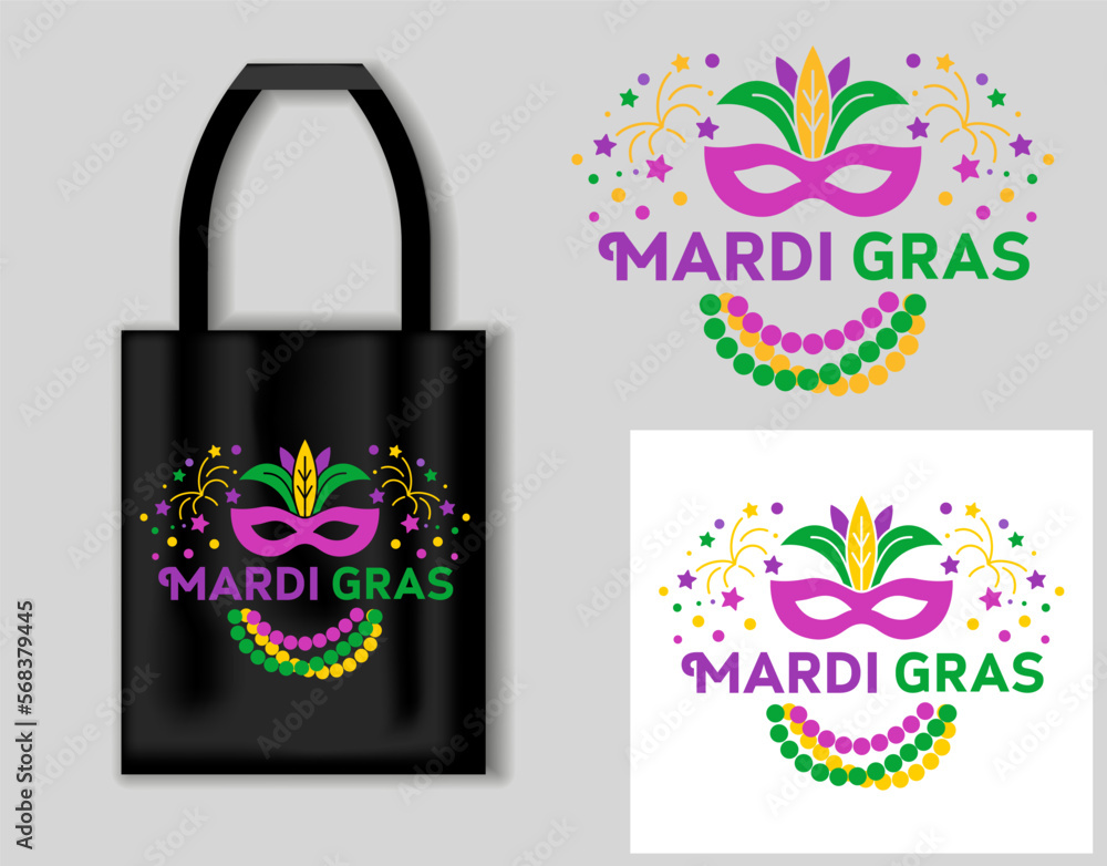 Mardi gras quote. Vector lettering for t shirt, poster, card. Mardi Gras concept with tote bag mockup Mardi gras quote. Vector lettering for t shirt, poster, card. Mardi Gras concept with tote bag mockup