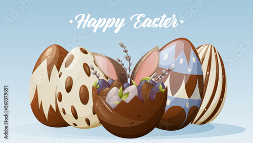 Festive card for Happy Easter. Colorful eggs decorated with chocolate, bunny ears, willow twigs. Vector illustration for poster, banner, website, postcard