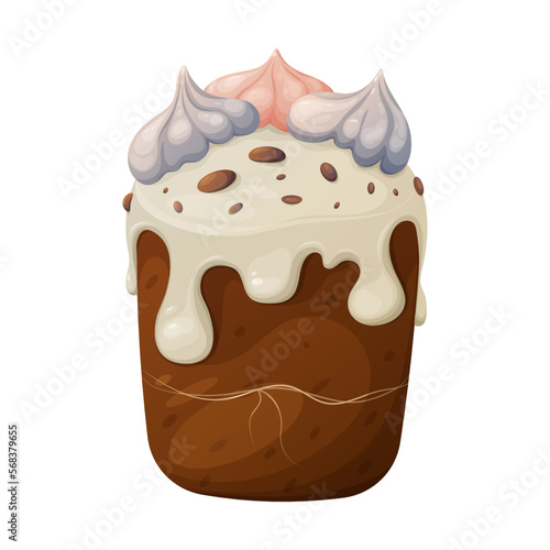 Traditional easter cake decorated with white glaze, meringue and chocolate. Isolated vector illustration, cartoon style. Sweet flour product for the holiday