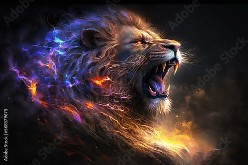 Roaring mighty fantasy lion with flames and glowing lights Generative ai photo