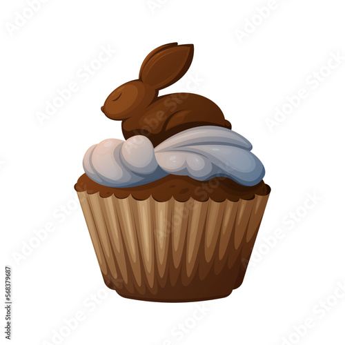 Cupcake with cream and chocolate bunny. Easter theme. Vector illustration, isolated background, cartoon style. Festive baking.