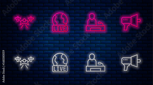 Set line Live report, Television, Drone and Megaphone. Glowing neon icon on brick wall. Vector