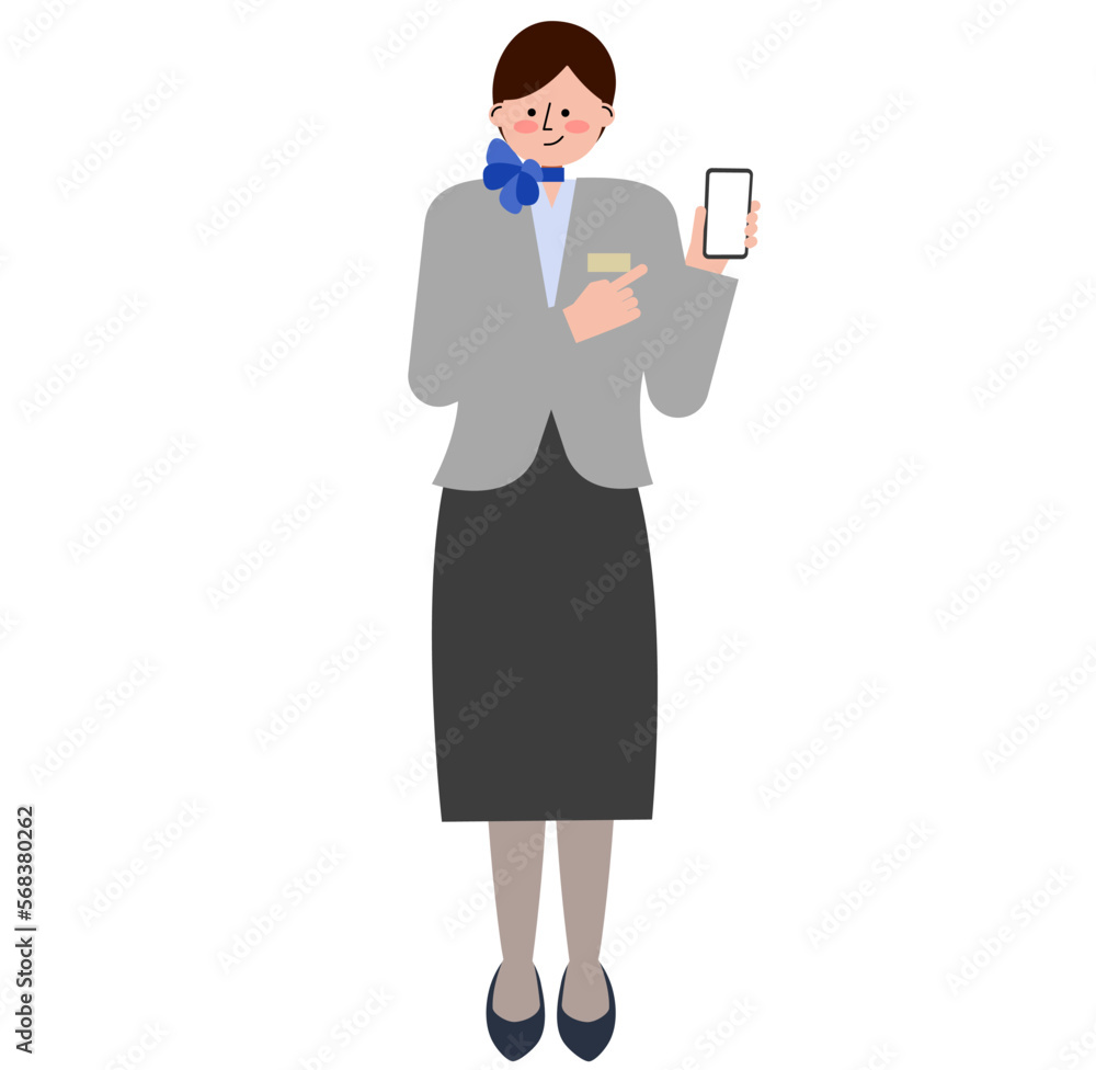 女性の客室乗務員がスマートフォンを指差しているイラスト(グレーの制服)