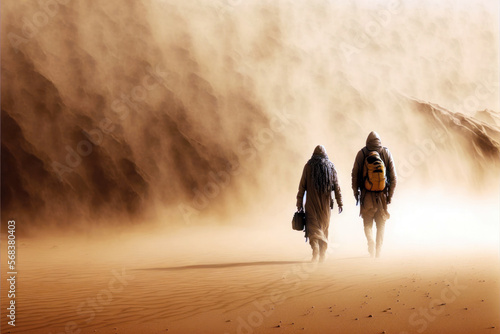 People walking in the desert, sandstorm over couple walking, rear view. AI generative