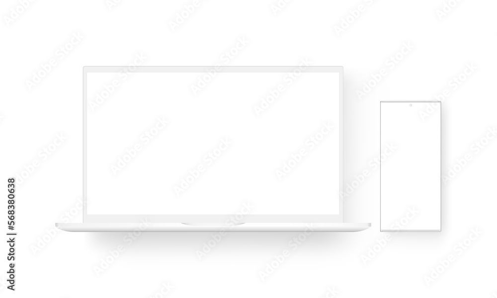 Laptop Computer and Frameless Mobile Phone, Clay Mockup, Isolated on White Background. Vector Illustration Laptop Computer and Frameless Mobile Phone, Clay Mockup, Isolated on White Background. Vector Illustration