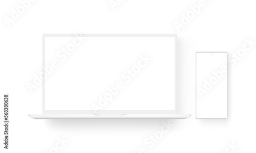 Laptop Computer and Frameless Mobile Phone, Clay Mockup, Isolated on White Background. Vector Illustration