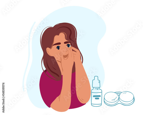 A young woman inserts contact lenses. Ophthalmologist. Vector illustration. 