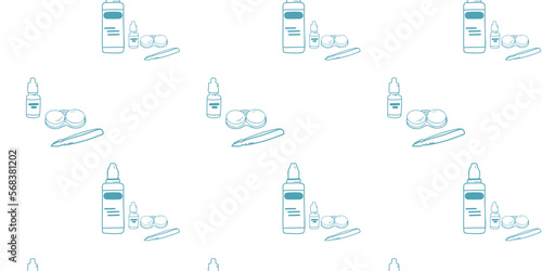 Seamless pattern with drops, contact lenses and tweezers