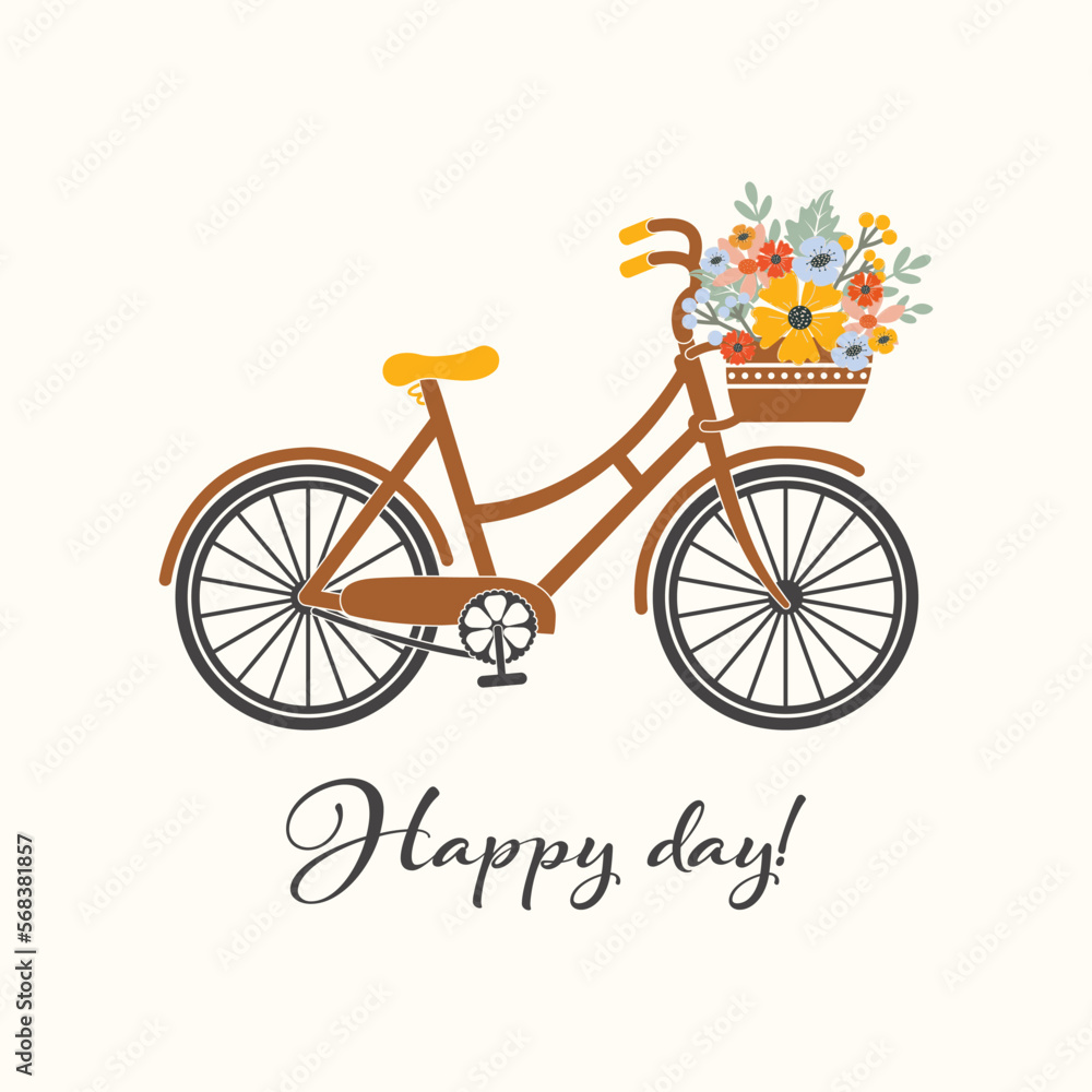 Happy Day vector card. Bicycle with a beautiful bouquet of flowers. Life is colorful postcard. Isolated romantic illustration on light background. Hand drawing print design.