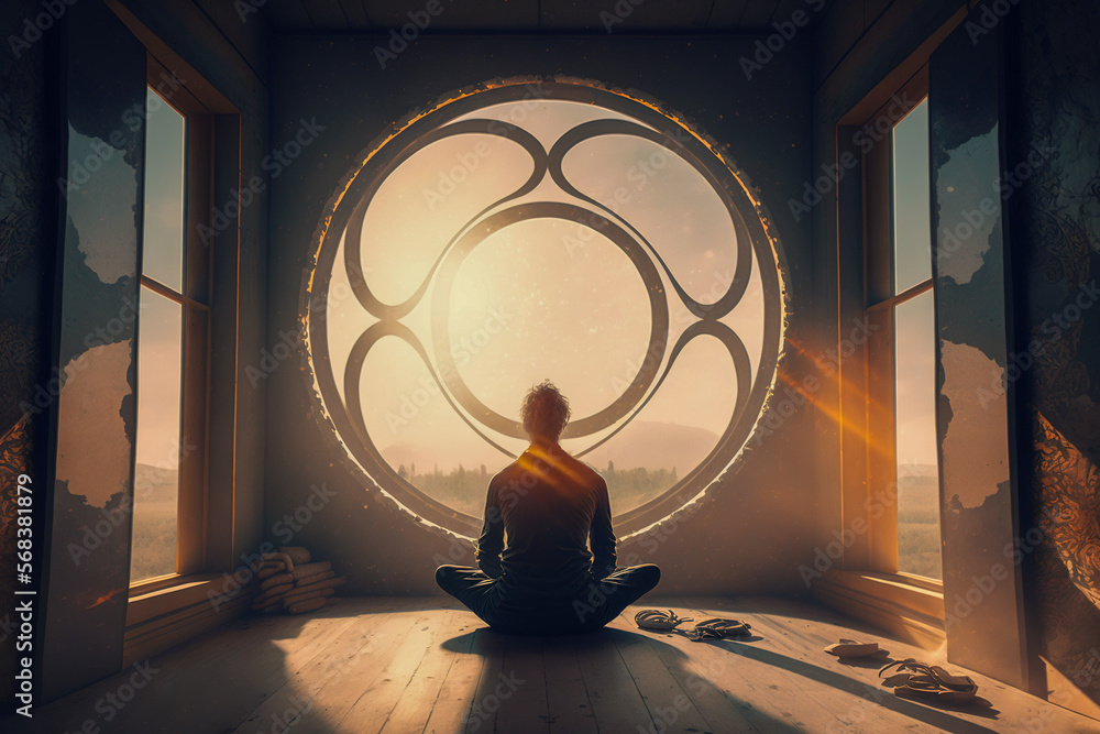 Peaceful meditation: a man in lotus pose meditating next to a large window, Generative AI