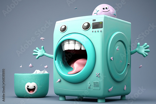 Cute 3D cartoon of washing machine character. Generative AI