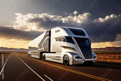 The future of autonomous transport: driverless truck cruising on highway in the desert, Generative AI photo