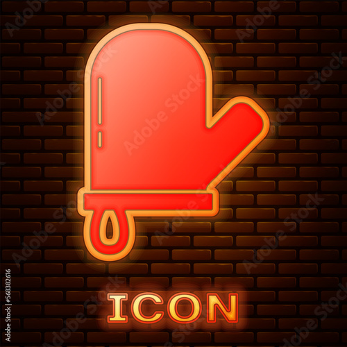 Glowing neon Oven glove icon isolated on brick wall background. Kitchen potholder sign. Cooking glove. Vector