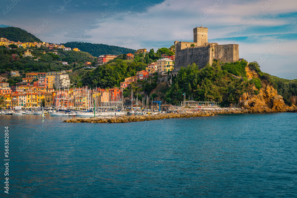 Lerici cityscape with harbor and castle on the cliffs, Liguria
