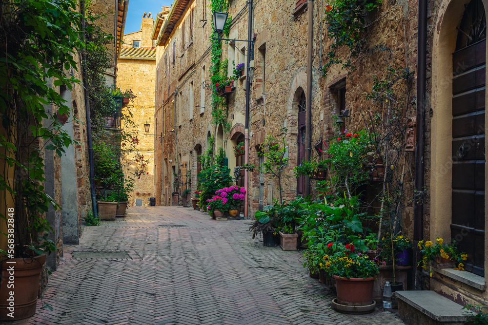 Old stone houses decorated with flowers and green plants, Italy