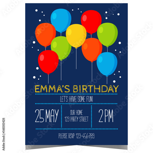Children's birthday invitation card with colourful balloons. Vector design template of poster or flyer for kids birthday celebration party suitable for boy and girl. Ready to print illustration.