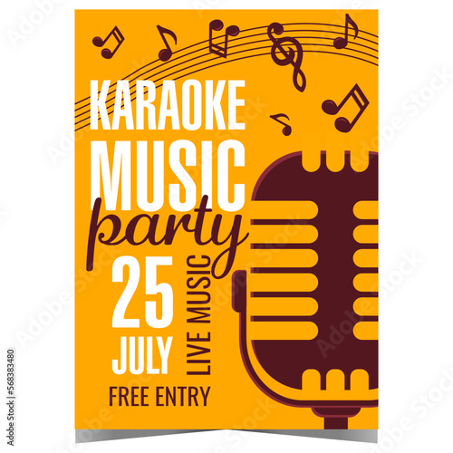 Karaoke music party invitation poster. Vector design template for advertising of night disco club with live music and karaoke. Promo banner or flyer with musical notes and microphone on background.