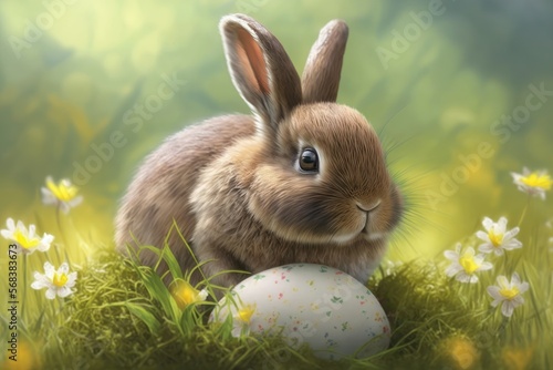 cute rabbit in the grass, Easter hollidays, flowers, grass, springtime, colored easter eggs, with Bokeh generated by AI © Hauber_Photography