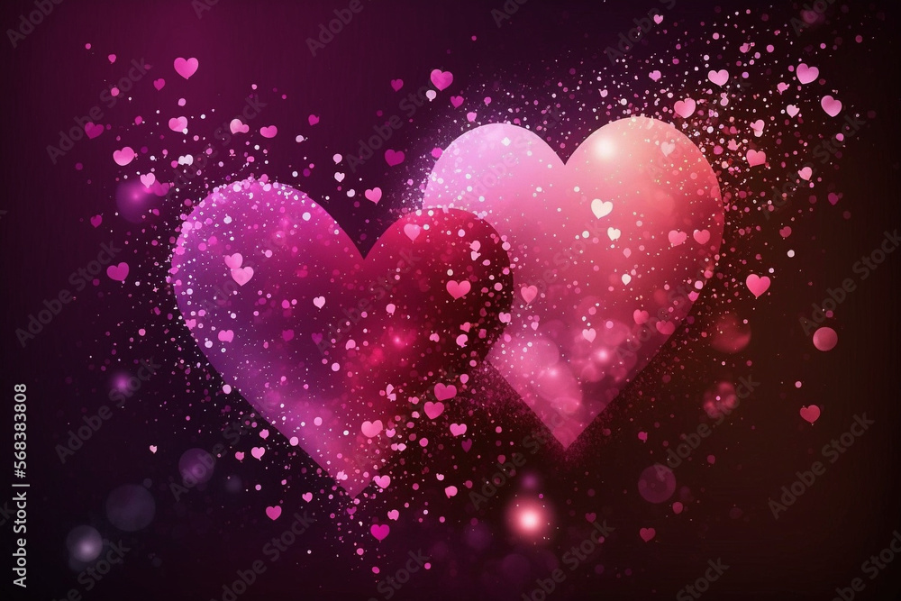 Heart Shape Confetti in Pink Pastel and Black Color Gradient Background, Valentine Day Love Celebration Concept Generative Ai