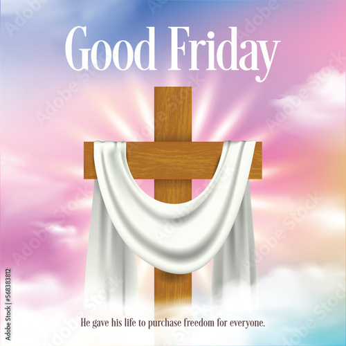 VECTOR ILLUSTRATION OF GOOD FRIDAY. Christian Cross in clouds with beautiful sky