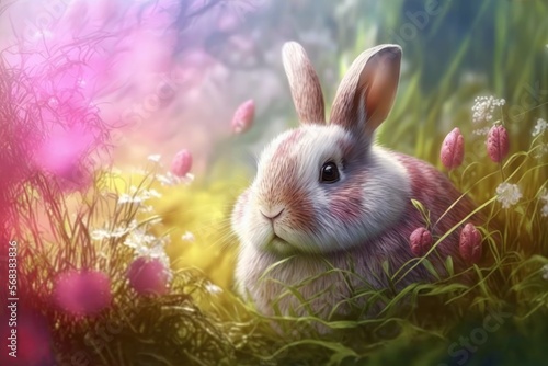 cute rabbit in the grass, Easter hollidays, flowers, grass, springtime, colored easter eggs, with Bokeh generated by AI