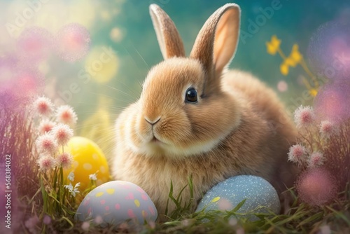 cute rabbit in the grass  Easter hollidays  flowers  grass  springtime  colored easter eggs  with Bokeh generated by AI