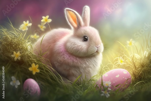cute rabbit in the grass, Easter hollidays, flowers, grass, springtime, colored easter eggs, with Bokeh generated by AI