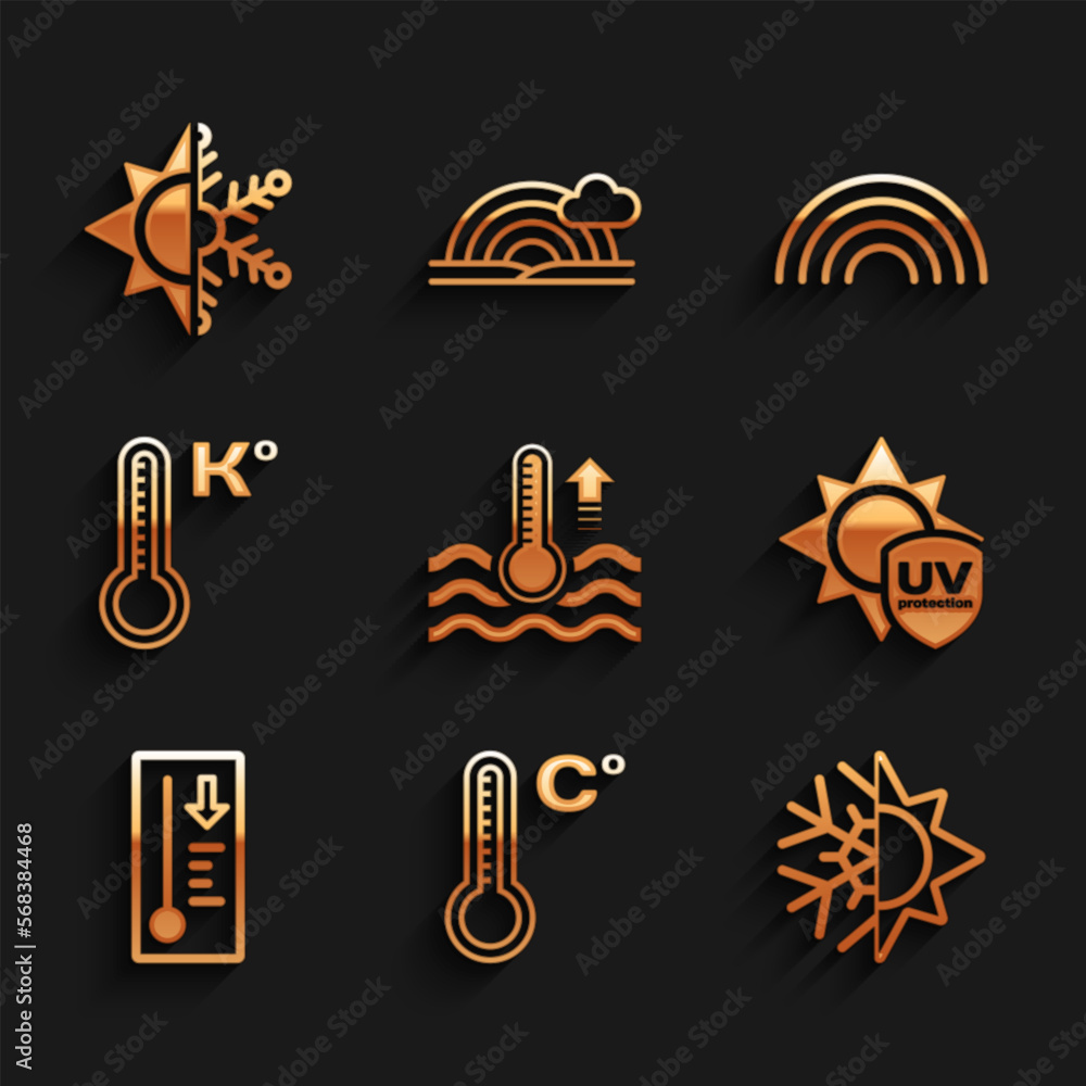 Set Water thermometer, Meteorology, Sun and snowflake, UV protection, Rainbow and icon. Vector Set Water thermometer, Meteorology, Sun and snowflake, UV protection, Rainbow and icon. Vector