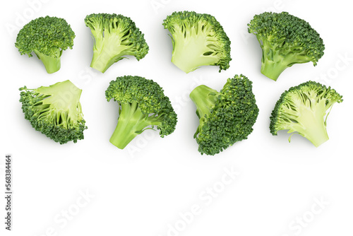 fresh broccoli isolated on white background close-up with full depth of field. Top view with copy space for your text. Flat lay