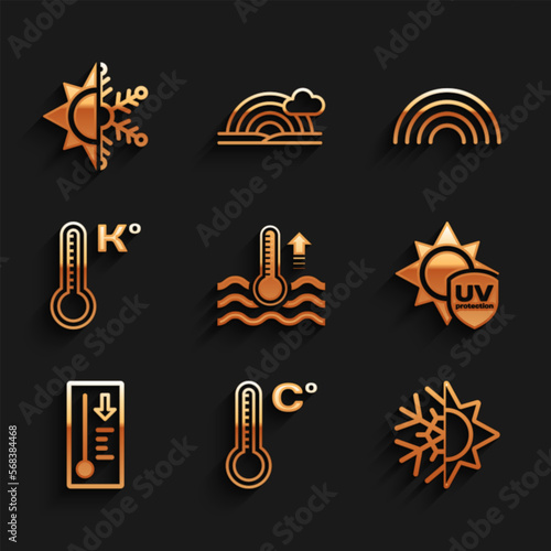 Set Water thermometer, Meteorology, Sun and snowflake, UV protection, Rainbow and icon. Vector