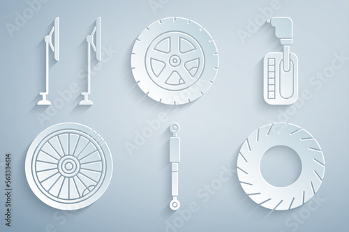 Set Shock absorber, Gear shifter, Car wheel, tire, and Windscreen wiper icon. Vector